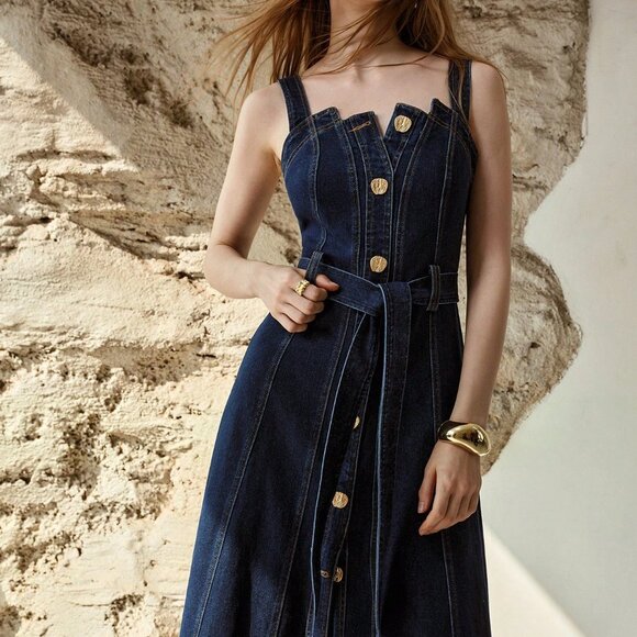 Blue Casual Women's Button Up Belted Denim Dress - Picture 6 of 7